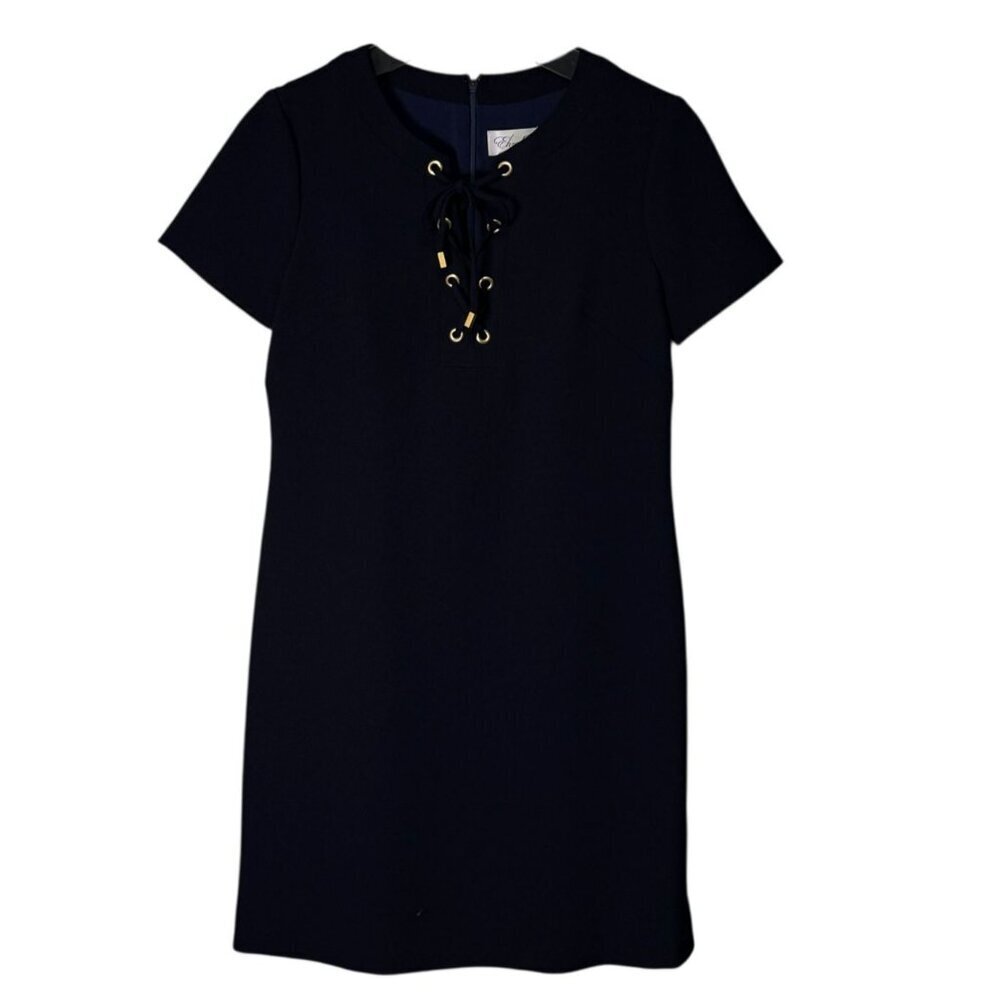 Eliza J Navy Lace-Up Neckline Sheath Dress Lined Side Slits Size-12